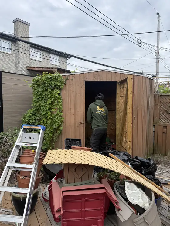 Vidage d’un cabanon à Kirkland : un employé ByeByeJunk en chandail à logo, entouré d’objets à retirer
